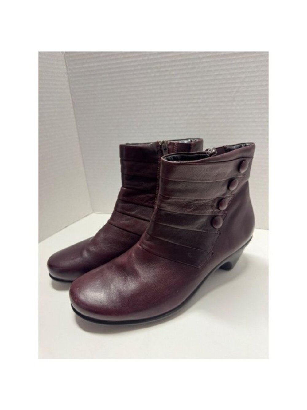 Naot Burgundy Leather Pleated Button Ankle Boots Zipper Block Heel 39 8
